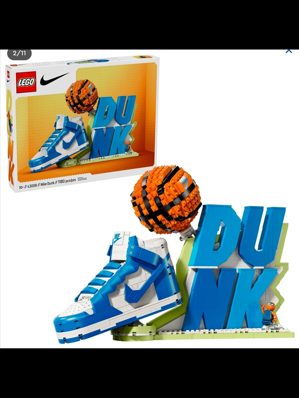 LEGO Nike Dunk Blue and White Sneaker Display with Orange Basketball